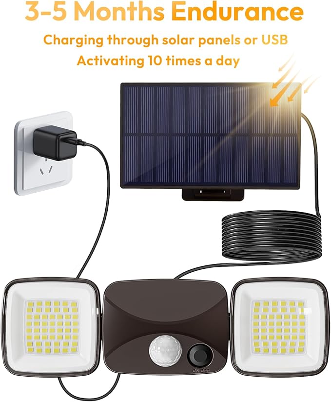 Ultra-Long Battery Life Solar Motion Lights Outdoor, USB & Solar Charging, Rechargeable Battery Operated Lights 3–5 Months Endurance, Perfect for Winter & Rainy Days, Yard, Patio, Backyard (1 Pack)