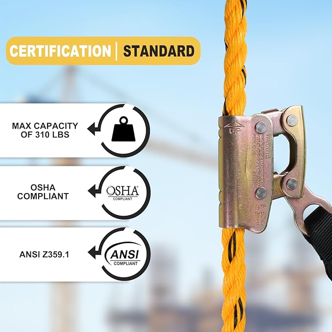 50ft Vertical Lifeline Assembly with Shock Absorber,Fall Protection Safety Rope for Roofing,OSHA ANSI Compliant