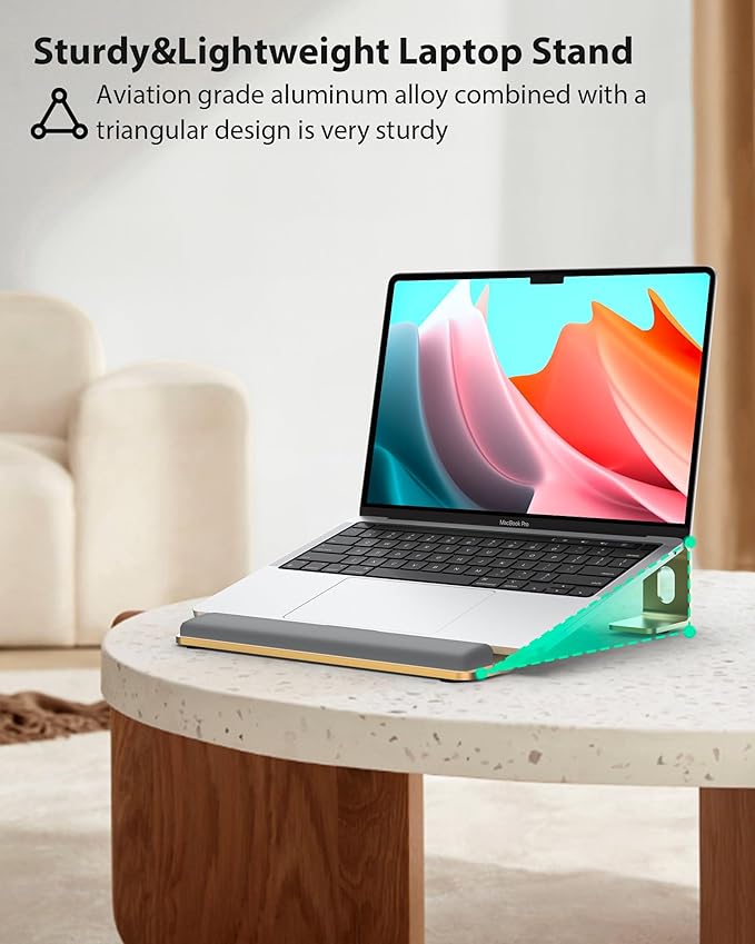 NTMY Laptop Stand for Desk With Wrist Support Pad, Aluminum Computer Stand, Ventilated Ergonomic for MacBook/HP/Dell/Acer/Lenovo, 10-17.3'' - Gold