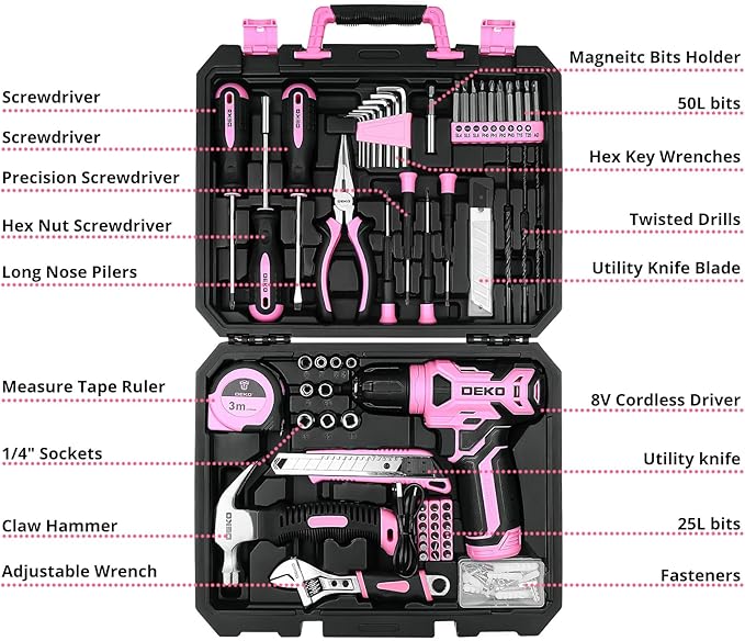DEKOPRO Drill Set: Tool Set with 8V Pink Cordless Drill, Home Tool Kit with Drill, Hand Tool Kits for Women 126 Piece