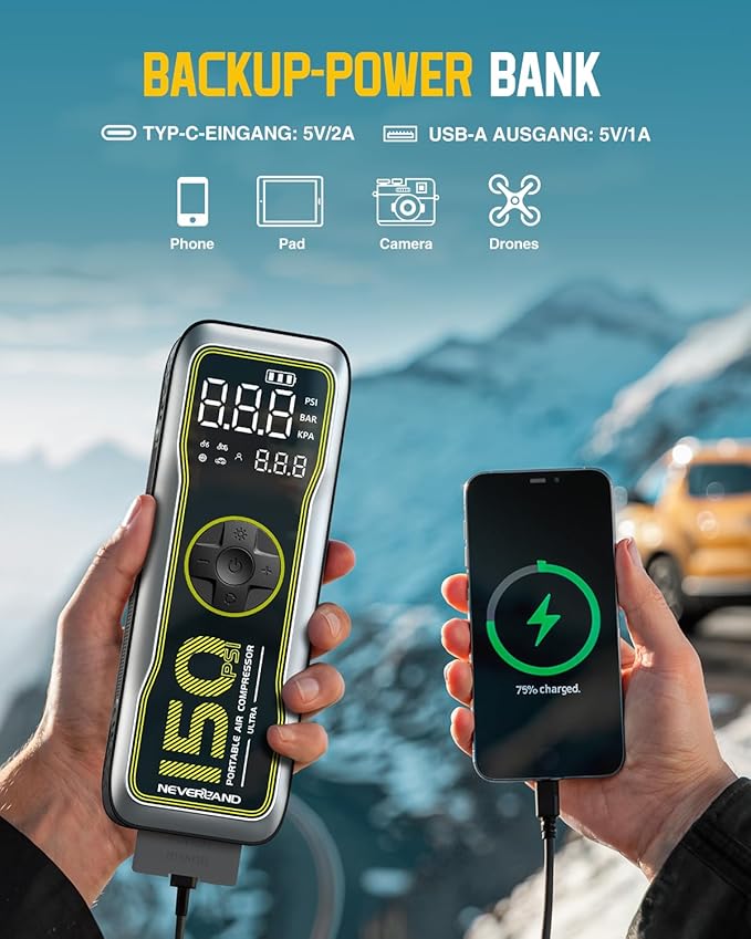 NEVERLAND Tire Inflator Portable Air Compressor - 16000mAh 150PSI Air Pump for Car Tires with Large LED Display,12V DC Tire Inflator with LED Light,Auto shut-off, for Car Motorcycle Bicycle Balls