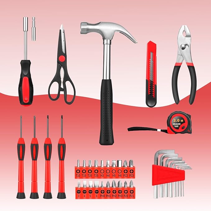 39 Piece Home Tool Kit General Household Hand Tool Set small tool box with Toolbox Storage Case for Everyday Home Repairs, Mini Tool kit for Women (Red)
