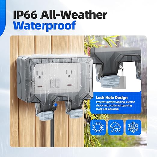 Outdoor Power Outlet Box with 32.8Ft Extension Cord, NEMA 5-15R, IP66 Waterproof Outlet Box 14AWG Wire Double Plug Socket with Lockable Cover & LED Indicator for Garden & Outdoor Use