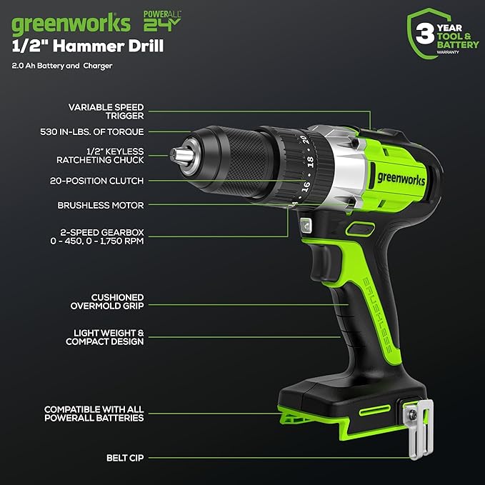 Greenworks 24V Brushless 2 pcs Cordless Power Tool Combo Kit, 2650 in-lbs Impact Driver and 530 in-lbs Hammer Drill, with 2 x 2Ah Batteries and 2 chargers