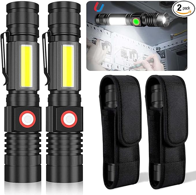 USB Rechargeable Flashlight, Magnetic LED Flashlight, Super Bright LED Tactical Flashlight with Cob Worklight,Waterproof,Zoomable Small LED Flashlight for Camping, Flashlight with Holsters