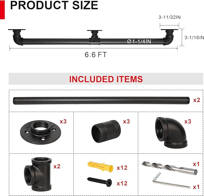 SCIEO 6.6FT Industrial Stair Handrail, Wall-Mounted Staircase Handrail for Indoor Outdoor Steps, Metal Pipe Stair Railing Galvanized Steell Hand Rail Non-Slip Grab Bar for Steps Stairs Porch Deck