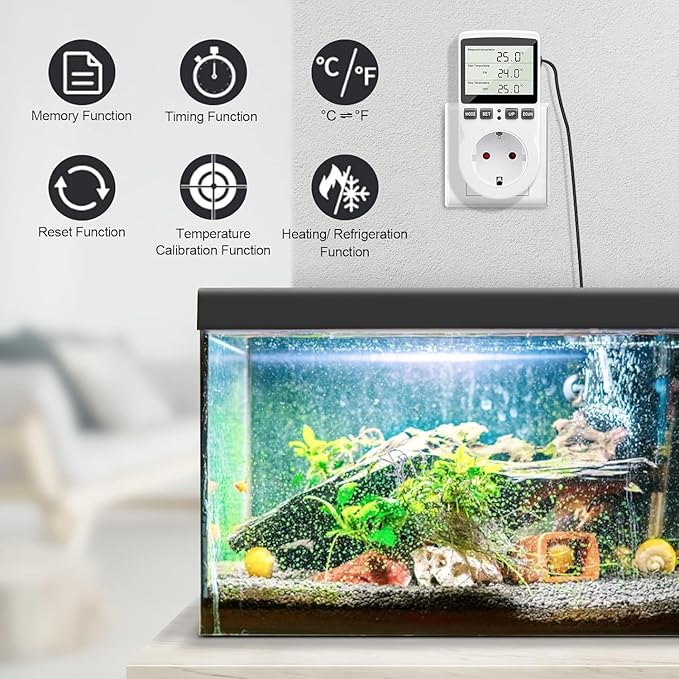 Diymore 1800W Plug in Thermostat Temperature Controller Electric Digital RV Thermostats Heating Cooling Control Mode Timer White 120V 15A Digital Temperature Controller Thermostat Timer LCD Display