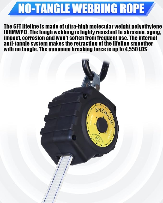6FT Self Retracting Lifeline, Swivel Top Lightweight Housing Shemior Web SRL ANSI Self Retractable Safety Lanyard, Fall Arrest Protection Gear for Roofing Construction, Rebar Hook