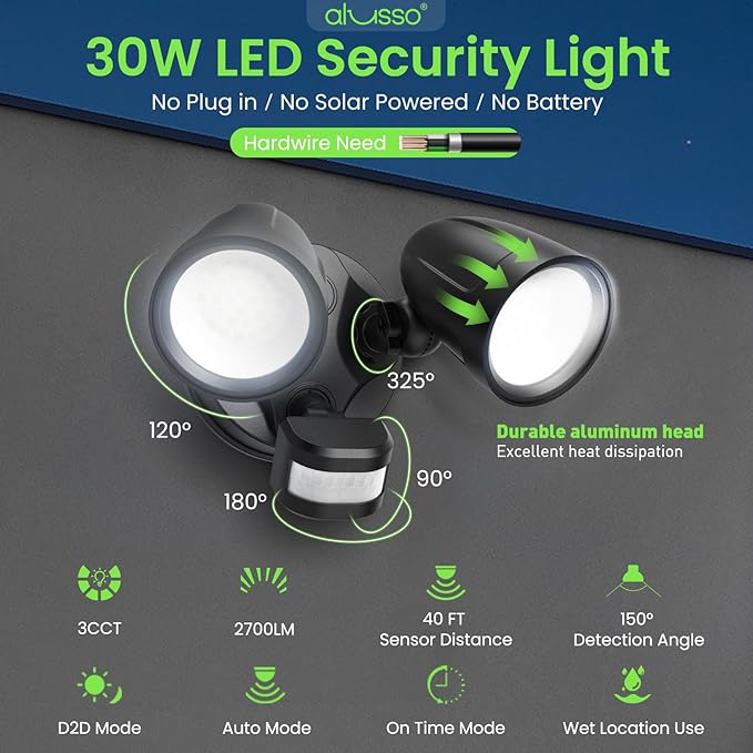 ALUSSO® Motion Sensor Outdoor Lights, 30W 2700LM LED Flood Light Outdoor Metal Heads, 3 Modes(Dusk to Dawn/Auto/On Time) & 3CCT 3000K/4000K/6500K, Waterproof Hardwired Security Light ETL Listed, 1PC