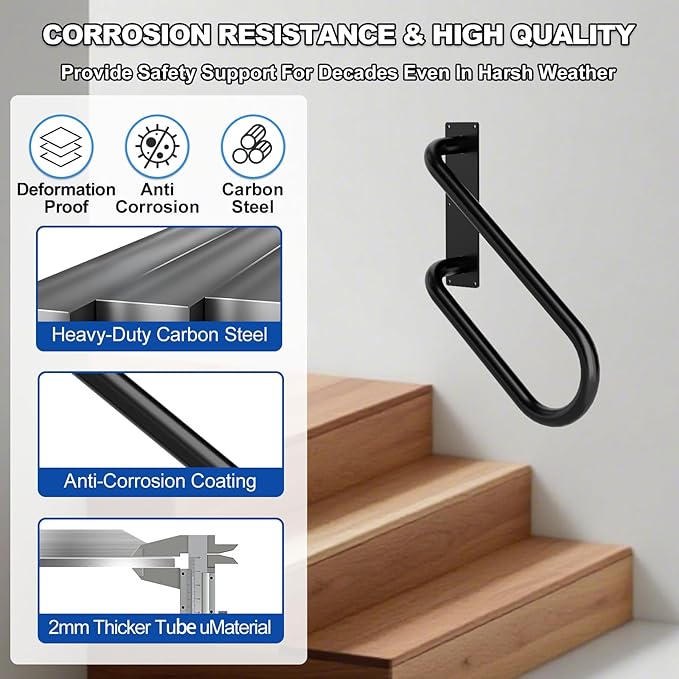 Jamb Mount Handrails for Outdoor Steps-1-2 Step Waterproof Stairs Railing-Powder Coated Side Mount Hand Rails for Indoor Stairs-Non-Slip Staircase Grab Rail for Deck/Porch/Mobile Home/Short Stairway