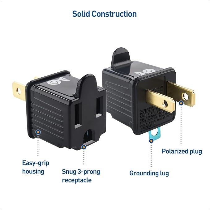 [UL Listed] Cable Matters 3-Pack 2 Prong to 3 Prong Outlet Adapter, 3P to 2P Plug Adapter - Converts a 2-Prong Outlet to Support 3-Prong Plugs, Black