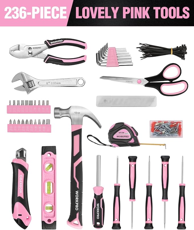 WORKPRO Pink Tool Kit - 236 Pieces Pink Tool Set with Easy Carrying Round Pouch, Household Tool Kit Perfect for DIY, Home Maintenance - Pink Ribbon