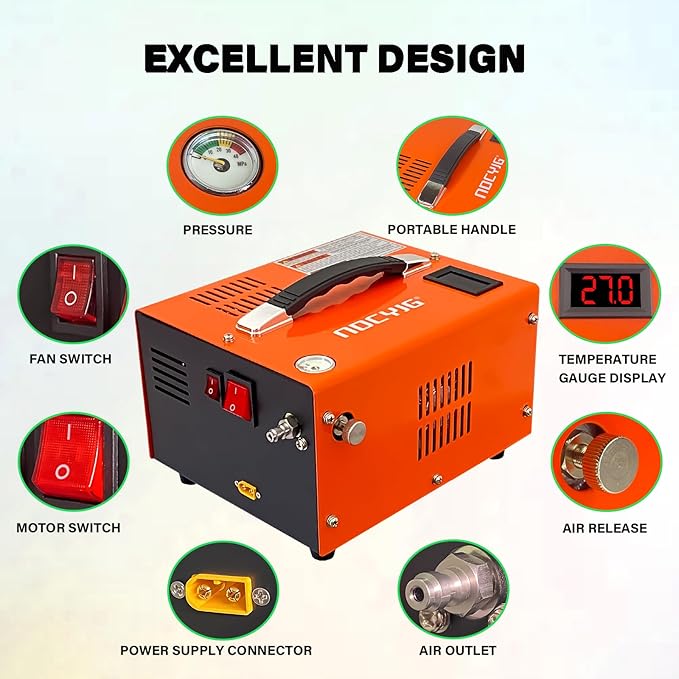 Pcp air compressor 4500PSI Portable PCP Compressor, 12V DC/110V AC PCP Airgun Compressor Manual-stop, w/External Power Adapter, Built-in Fan, Suitable for Paintball, Air Rifle, Scuba Bottle