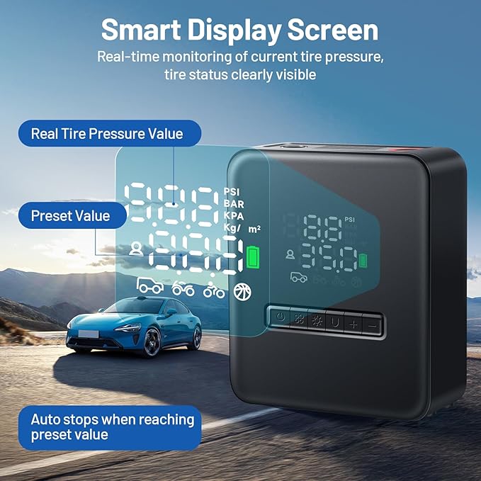 Tire Inflator Portable Air Compressor, 150PSI Air Pump with Pressure Gauge, Auto Shutoff, LED Flashlight, Car Tire Inflator for Bike, Car, Motorcycle, Ball