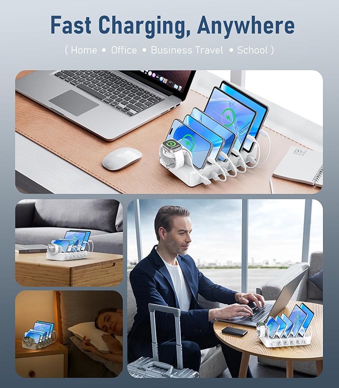 96W Charging Station for Multiple Devices,CREATIVE DESIGN 6 Ports USB C Charging Station with 3 PD 20W USB-C,Multi Charger Station for Cellphone Kindle Tablet and Other Electronic