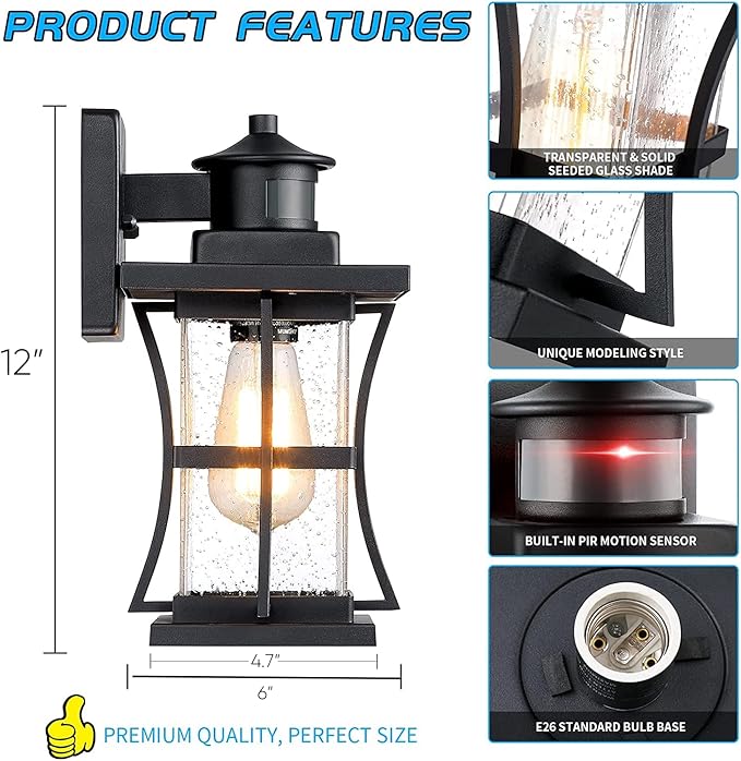 Motion Sensor Outdoor Wall Lights Fixture, Advanced Dusk to Dawn Exterior Lighting, Outside Light for House, Garage, Anti-Rust Waterproof Front Porch Lanterns Fixtures Wall Mount, Seeded Glass, Black