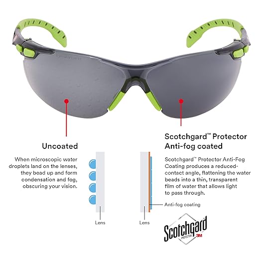 3M Safety Glasses, Solus 1000, S1202SGAF, ANSI Z87, Scotchgard Anti-Fog, Gray Lens, Green/Black Frame, Padded Temple, Soft Nosebridge, UV Protection, Premium Eye Protection