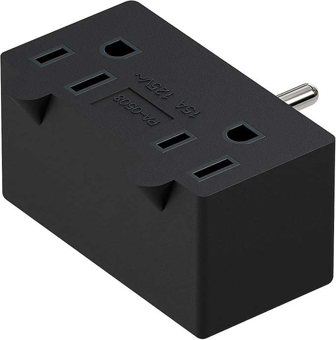 PA-0508 90 Degree Right Angled USA Male-Female Power Adapter, 5-15P to 2 * 5-15R Direction Changer Space Save Adapter Black
