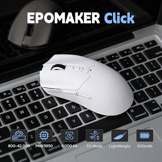 EPOMAKER Click Gaming Mouse Wireless 2.4Ghz/Bluetooth/Type-C, 800 to 42,000 DPI Adjustable, 8K Polling Rate, 500mAh, Lightweight Optical Mouse, for PC/Mac/Linux (White)