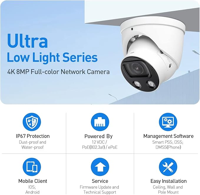 EmpireTech IPC-Color4K-T 4K Full-Color Ultra Low Light 8MP 1/1.2" CMOS Smart AI Starlight Turret IP Camera,Build-in Warm LED, Built-in Mic,SMD 3.0,PoE and ePoE,IPC-Color4K-T 3.6mm White