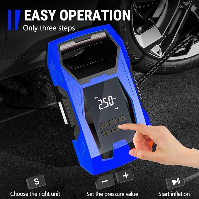 CARSUN AC/DC Tire Inflator Portable Air Compressor, Dual Power for Home 110V AC and Car 12V DC Air Pump with Pressure Gauge, Auto Shutoff, Tire Pump for Car Motorcycle Bike and Other Inflatables, Blue