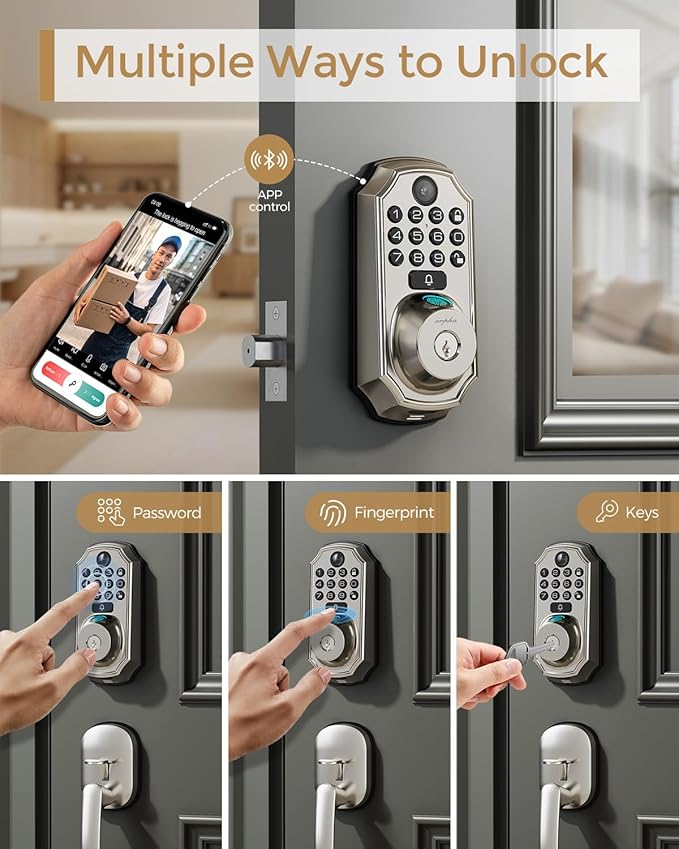 WiFi Smart Lock with Camera - Keyless Entry Deadbolt with Handle Set, 5-in-1 Camera+Doorbell+Fingerprint+Keypad, App Control, Auto Lock, Easy Install, Waterproof for Front Door, Satin Nickel