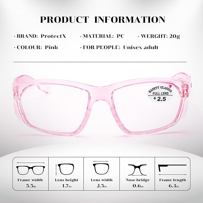 ProtectX Stylish Anti-Fog & Scratch-Resistant Safety Glasses With Readers, UV Protection Goggles, Anti-Impact Lightweight Glasses for Men＆Women Pink Reading 2.5-2 Pack