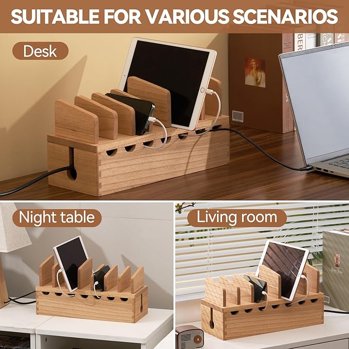 KIRIGEN Charging Station Organizer for Multiple Devices Desktop Organizer Wooden Cable Management with 7 Ports for Cell Phones, Tablets, Earphones GDXH-NA