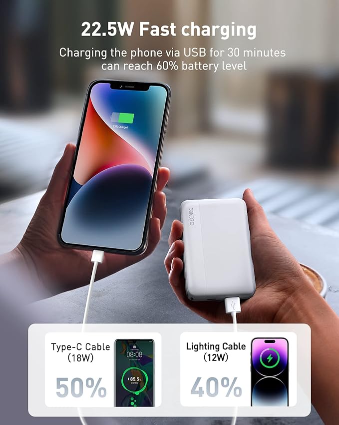 Power Bank 10000mAh, Portable Charger with Built-in Cables, 22.5W PD Fast Charging for iPhone & Android Devices, Ultra-Compact Travel Essential, Pocket-Sized Design-White