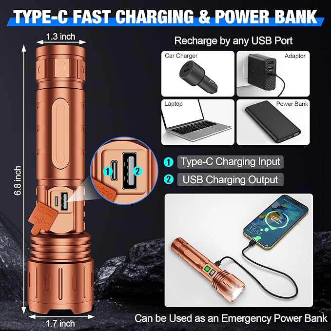 Flashlights High Lumens Rechargeable, Super Bright LED Powerful Flashlight, Type-C, 5 Modes, Zoomable, IPX5 Waterproof High Powered Tactical Flash Light for Emergency Camping,Brown
