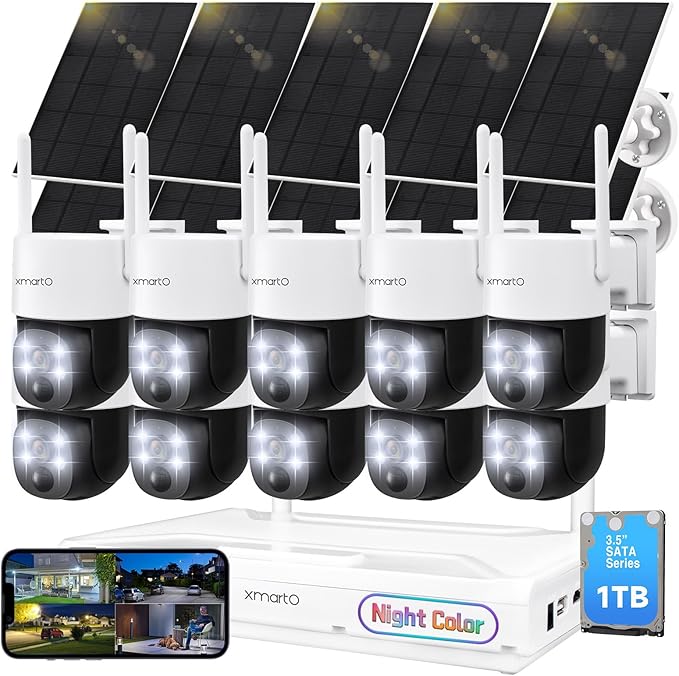 XMARTO Night Color Wire-Free Solar Home Security Camera System with Pan Tilt and Zoom，10-Set CCTV Cameras Kit with 4K 10CH Expandable WiFi NVR 1TB Storage