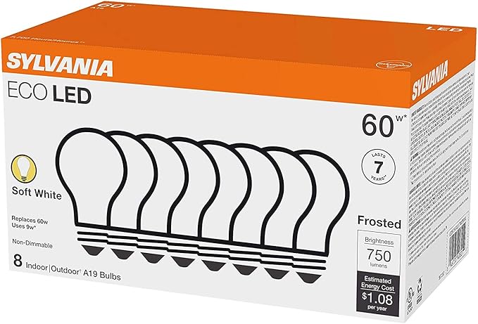 SYLVANIA ECO LED Light Bulb, A19 60W Equivalent, Efficient 9W, 7 Year, 750 Lumens, 2700K, Non-Dimmable, Frosted, Soft White - 8 Count (Pack of 1) (40821)