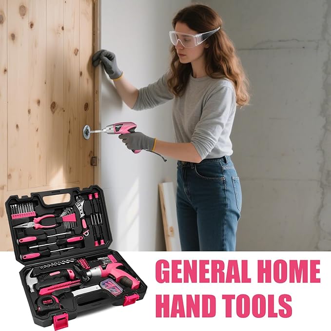 Pink Tool Kit with 3.6V USB Electric Screwdriver, 151 PCS Home Tool Set with Cordless Drill Set, Hand Tool Kits for Women