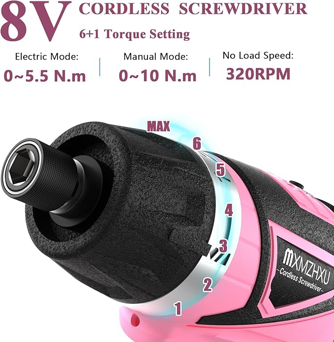 8V Cordless Screwdriver,6+1 Torque Max 10N·m Electric Power Screwdriver with 47 Accessories,180°Pivoting Handle, 2000mAh Rechargeable Screw Gun&Bit Set with LED Light, Flexible Shaft,for Home,Office