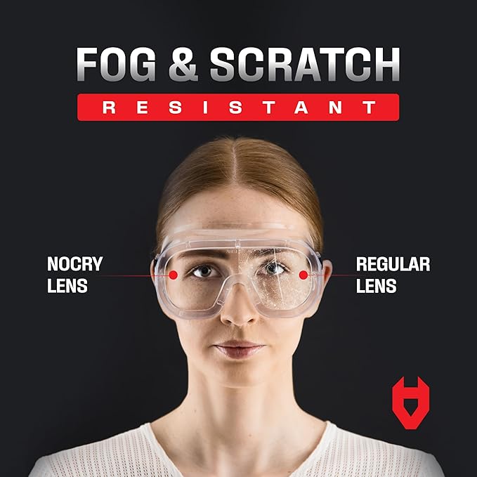 NoCry Protective Non-Vented Safety Lab Goggles with Anti-Fog Coating, Clear Scratch-Resistant Lenses, Universal OTG Fit, an Adjustable Headband, ANSI Z87.1 Rating, and UV Protection