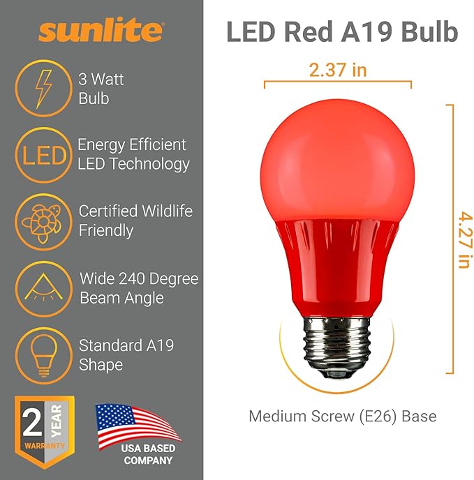 Sunlite 80148 LED A19 Colored Light Bulb, 3 Watts (25w Equivalent), E26 Medium Base, Non-Dimmable, UL Listed, Party Decoration, Holiday Lighting, 1 Count, Red (Pack of 2)