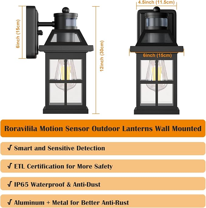 Motion Sensor Outdoor Light Fixtures 2-Pack Upgraded, Anti-Rust Aluminum Outdoor Sconces Front Porch Lights Black Exterior Light Fixtures Dusk to Dawn Outside Lights House, ETL Certified