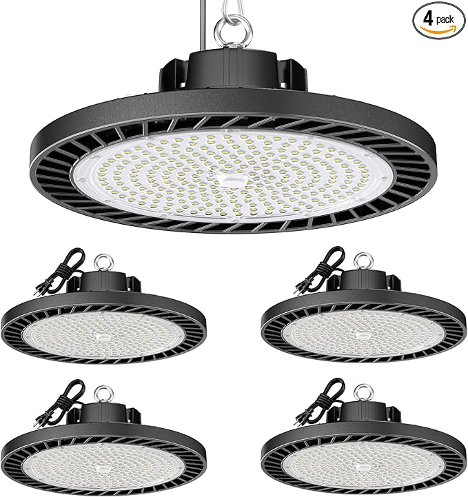 4Pack LED High Bay Light 200W 30000LM Commercial Lighting Products, 100-277V 6000K with Plug, Led Shop Lighting for Garage Barn Gyms Workshop Lighting
