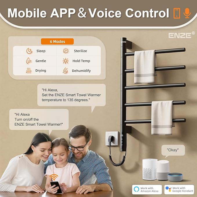 ENZE Smart Rotating Heated Towel Rack for Bathroom, Wall-Mounted Electric Towel Dryer with Swivel Bars, Smart Timer, Low Carbon Steel, IPX5, Plug-in/Hardwired, Towel Warmer with Wi-Fi App Control