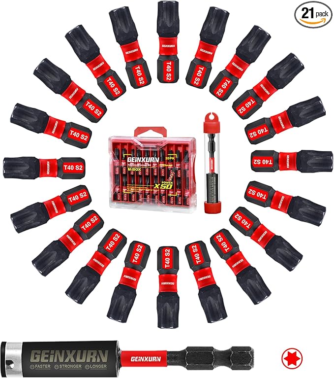 20Pieces 1 In. T40 Impact Tough Magnetic Screwdriver Bit Set, #40 Torx Head Insert Bits, S2 Alloy Steel Star Bits with 1Pc Impact Bit Holder and Storage M-Box