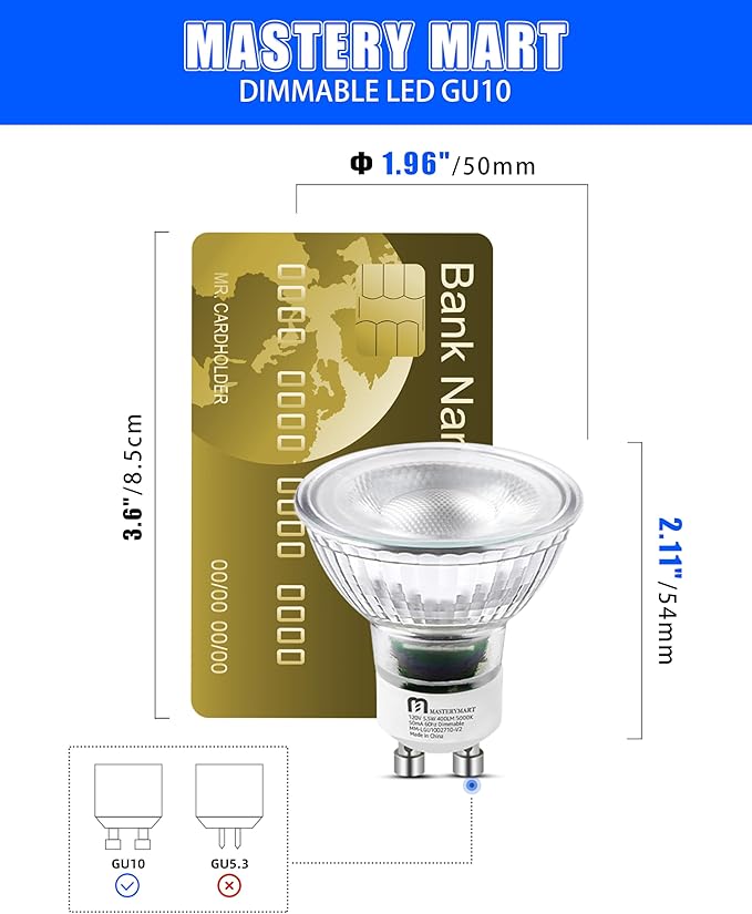 MASTERY MART 120 Pack GU10 LED Light Bulbs, 50 Watt Halogen Equivalent, 5.5W Dimmable, MR16 Spot LED Flood Light Bulbs Replacement for Recessed Track Lighting, 5000K Daylight White