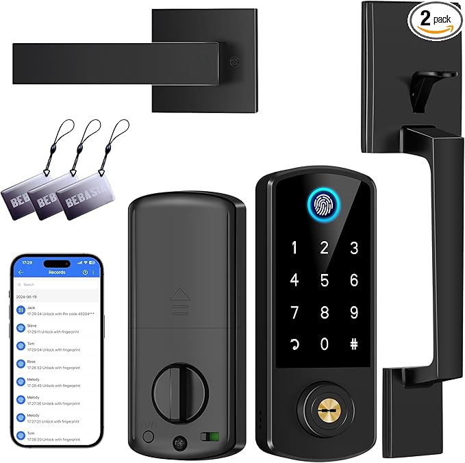 Keyless Entry Door Deadbolt with Handle Set, BEBASIA Fingerprint APP Smart Door Lock, Digital Keypad Bluetooth Deadbolt Lockset with Auto Lock Code Fob Black