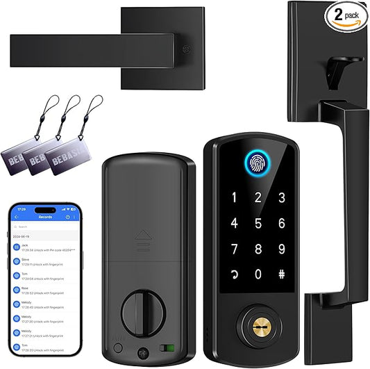 Keyless Entry Door Deadbolt with Handle Set, BEBASIA Fingerprint APP Smart Door Lock, Digital Keypad Bluetooth Deadbolt Lockset with Auto Lock Code Fob Black
