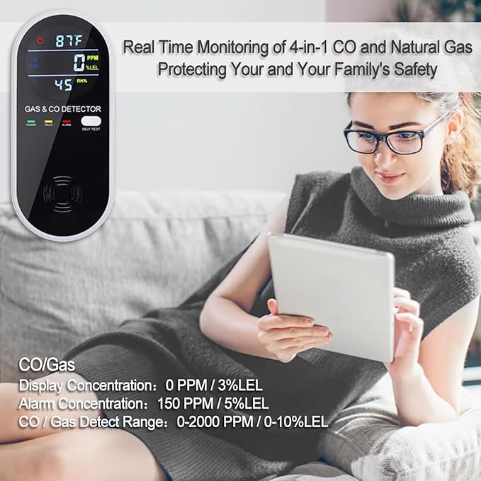 4-in-1 Combination Gas & Carbon Monoxide Detector,Dual Sensor Natural Gas Leak Detector & Carbon Monoxide Detectors Plug in (Temperature & Humidity) for Home,RV,Apartment
