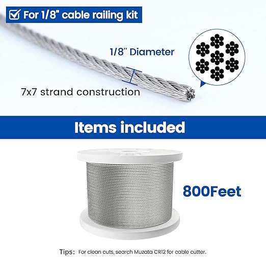 Muzata 800 ft 1/8" Stainless Steel Cable Railing System Hardware T316 Stainless Steel Wire Rope 7x7 Strands 1800 lb Breaking Strength Deck Cable Railing Kit for Indoor Outdoor Coastal WR02
