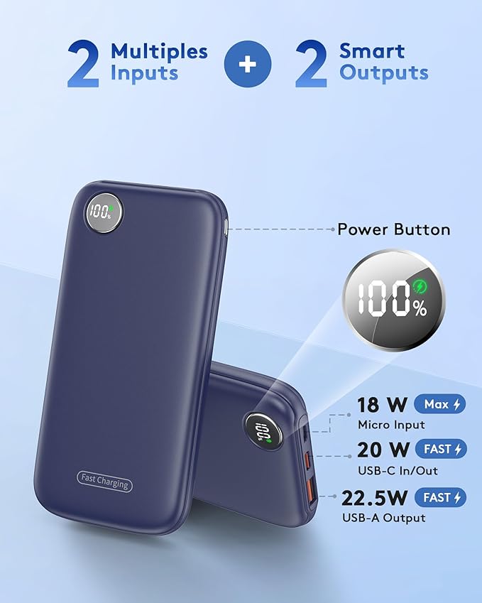 Powerbank Fast Charging Max 12V/4.5A, Ultra Slim Portable Charger USB C 10000mah, Travel Power Bank for iPhone 11 12 13 14 15 16 Samsung Android, DC Lightweight Battery Pack Phone Charger, Blue