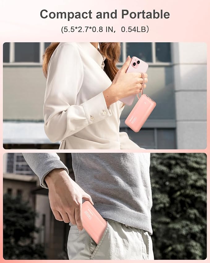 Portable Charger with Built in Cables, Slim 10000mAh Fast Charging 22.5W Power Bank USB C LED Display Battery Pack 6 Outputs & 2 Inputs for iPhone Samsung Pixel LG Moto iPad