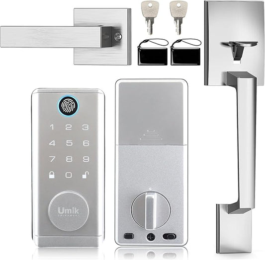 Fingerprint Smart Door Lock with Heavy Duty Handleset, Keyless Entry Door Lock, Electronic Keypad Deadbolt Locks, App Control for Front Door, Home (Matte Silver)