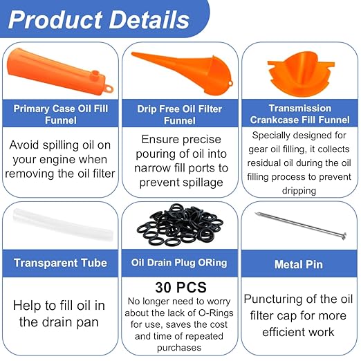 Oil Change Tool Kit for Harley Davidson Accessories,Oil Filter Wrench,Crankcase Fill Tool,Primary Case Funnel,Drip-Free Oil Filter Funnel,30PCS O-Rings