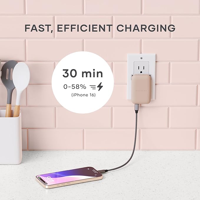 Satechi OntheGo 67W Wall Charger, GaN USB C Travel Charger with 2 USB-C PD Fast Charging Ports, for MacBook Pro/Air, iPad Pro/Air, iPhone 16, Steam Deck, Galaxy, Windows – Desert Rose
